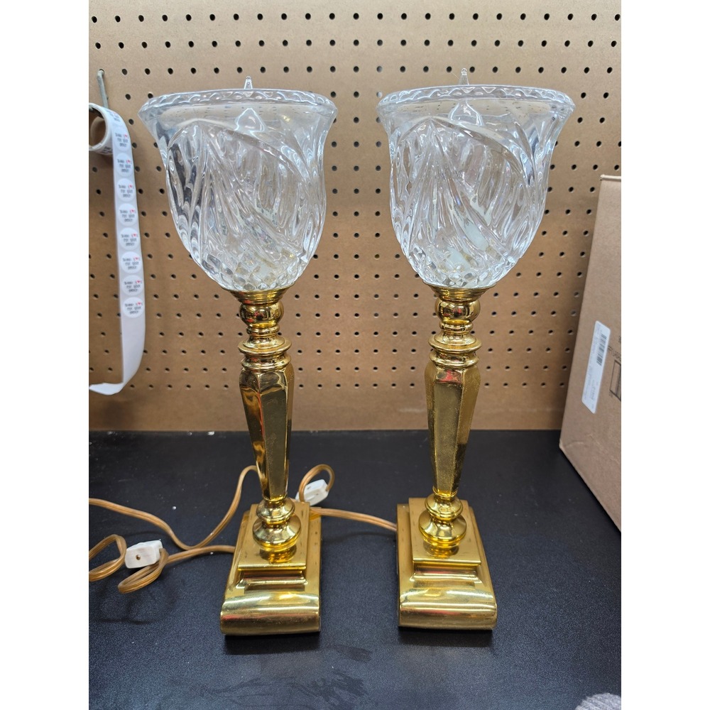Vintage Brass Buffet Lamps Pair Cut Crystal Hurricane Shades Hollywood Regency